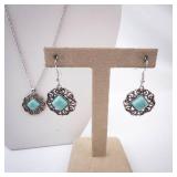 Turquoise Square Pendant Necklace & Matching Earrings Set - Silver Filigree Turquoise Square Pendant Necklace & Matching Earrings Set - Silver Filigree