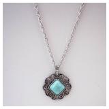 Turquoise Square Pendant Necklace & Matching Earrings Set - Silver Filigree Turquoise Square Pendant Necklace & Matching Earrings Set - Silver Filigree