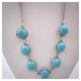 Turquoise Disc Necklace - Silver Tone Chain with Round Cabochons Turquoise Disc Necklace - Silver Tone Chain with Round Cabochons