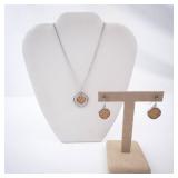 Silver Circle Pendant Necklace with Woven Brown Center - Matching Earrings Set Silver Circle Pendant Necklace with Woven Brown Center - Matching Earrings Set