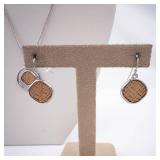 Silver Circle Pendant Necklace with Woven Brown Center - Matching Earrings Set Silver Circle Pendant Necklace with Woven Brown Center - Matching Earrings Set