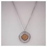 Silver Circle Pendant Necklace with Woven Brown Center - Matching Earrings Set Silver Circle Pendant Necklace with Woven Brown Center - Matching Earrings Set