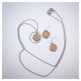 Silver Circle Pendant Necklace with Woven Brown Center - Matching Earrings Set Silver Circle Pendant Necklace with Woven Brown Center - Matching Earrings Set