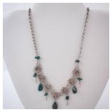 Silver-Tone Floral Necklace with Green Gemstone Drops Silver-Tone Floral Necklace with Green Gemstone Drops