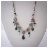 Silver-Tone Floral Necklace with Green Gemstone Drops Silver-Tone Floral Necklace with Green Gemstone Drops