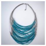 Turquoise Bead Necklace - Multi-Strand Silver Chains Turquoise Bead Necklace - Multi-Strand Silver Chains
