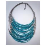 Turquoise Bead Necklace - Multi-Strand Silver Chains Turquoise Bead Necklace - Multi-Strand Silver Chains