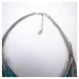 Turquoise Bead Necklace - Multi-Strand Silver Chains Turquoise Bead Necklace - Multi-Strand Silver Chains