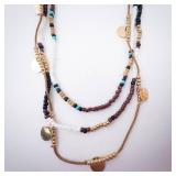 Beaded Multi-Strand Necklace - Turquoise, White, Brown Beads with Gold Discs Beaded Multi-Strand Necklace - Turquoise, White, Brown Beads with Gold Discs