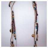 Beaded Multi-Strand Necklace - Turquoise, White, Brown Beads with Gold Discs Beaded Multi-Strand Necklace - Turquoise, White, Brown Beads with Gold Discs