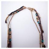 Beaded Multi-Strand Necklace - Turquoise, White, Brown Beads with Gold Discs Beaded Multi-Strand Necklace - Turquoise, White, Brown Beads with Gold Discs