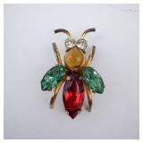 Coro Sterling Bee Brooch - Gold Tone with Emerald Green Wings & Red Gem Abdomen Coro Sterling Bee Brooch - Gold Tone with Emerald Green Wings & Red Gem Abdomen