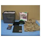Miscellaneous lot with Panasonic Field Jacket, Adjustable Cargo Net (NEW), Tarp (NEW), 6-Pocket Organizer, Carry Bag and (2) Branded Stocking Caps