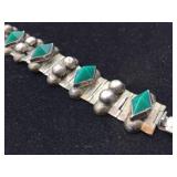 Vintage Mexico STERLING - Link Bracelet - Green Onyx/Ether/Jade?