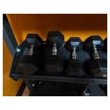Horizontal 3 Level Dumbbell Storage Rack With Assorted Dumbbells and Kettlebell Weights In Incremental Sizes