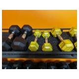 Horizontal 3 Level Dumbbell Storage Rack With Assorted Dumbbells and Kettlebell Weights In Incremental Sizes