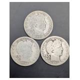 Barber Quarter Trio - 3 Silver US Quarters (1896, 1915, 1916)