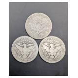 Barber Quarter Trio - 3 Silver US Quarters (1896, 1915, 1916)