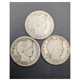 Barber Quarter Dollars - 3 Coins (1893, 1907, 1915)