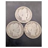 Barber Quarters (Lot of 3) - 1900, 1903, 1908 United States 25-Cent Silver Coins