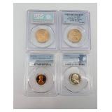 PCGS Slabbed Coins Lot - 4: 2010-P Franklin Pierce Dollar SP68; GW First Day MS65; 1974-S 1C PR68RD CAM; 1968-S 5C PR69 (Lot of 4)