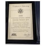 1958 United States Mint Silver Proof Set with Certificate of Authenticity in Blue Case