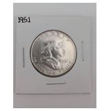1951 Franklin Half Dollar - 50c Silver Coin, Benjamin Franklin, Liberty Bell