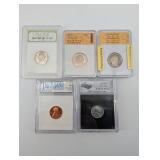Set of 6 US Coins - Jefferson 1978-S 5C, Washington 1993-S 25C, Lincoln Cent 1943 MS-65