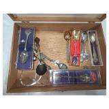 Wooden Cigar Box w/ Silver Spoons and other Silver items