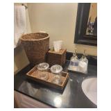 Woven Bathroom Set: Wastebasket, Tissue Box Cover, Glass Jars with Lids, Soap Dispensers