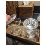 Woven Bathroom Set: Wastebasket, Tissue Box Cover, Glass Jars with Lids, Soap Dispensers