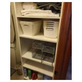Storage Cabinet Organizers with 2 White Bins, 2 Wire Mesh Baskets, mats & Cleaning Supplies
