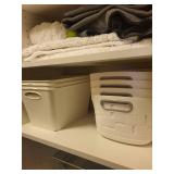 Storage Cabinet Organizers with 2 White Bins, 2 Wire Mesh Baskets, mats & Cleaning Supplies