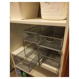 Storage Cabinet Organizers with 2 White Bins, 2 Wire Mesh Baskets, mats & Cleaning Supplies