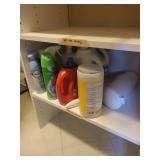 Storage Cabinet Organizers with 2 White Bins, 2 Wire Mesh Baskets, mats & Cleaning Supplies
