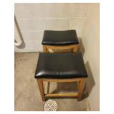 Bar Stool Set of 2 - Wood Frame, Black Vinyl Cushions with Nailhead Trim