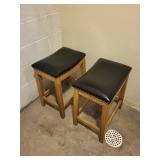 Bar Stool Set of 2 - Wood Frame, Black Vinyl Cushions with Nailhead Trim