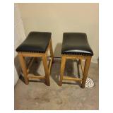 Bar Stool Set of 2 - Wood Frame, Black Vinyl Cushions with Nailhead Trim