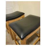 Bar Stool Set of 2 - Wood Frame, Black Vinyl Cushions with Nailhead Trim