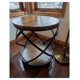 Round Wood Top Side Table with Criss-Cross Iron Frame Base