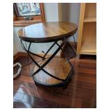 Round Wood Top End Table - Iron X-Frame with Lower Shelf