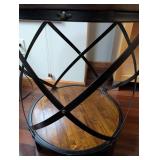 Round Wood Top End Table - Iron X-Frame with Lower Shelf