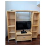 Oak TV Entertainment Center with Glass Shelf, Drawer, and Twin Bookcases