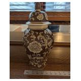Ginger Jar with Lid - Brown & White Floral Pattern