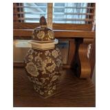 Ginger Jar with Lid - Brown & White Floral Pattern