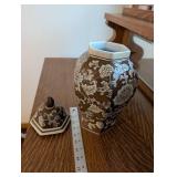 Ginger Jar with Lid - Brown & White Floral Pattern
