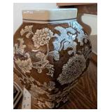 Ginger Jar with Lid - Brown & White Floral Pattern
