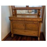Antique Oak Mission-Style Dresser with Mirror - Carved Sides, 2-Door Cabinet