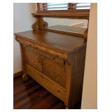 Antique Oak Mission-Style Dresser with Mirror - Carved Sides, 2-Door Cabinet