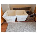 Wood Storage Console Shelf - 2 White Fabric Bins & Woven Basket